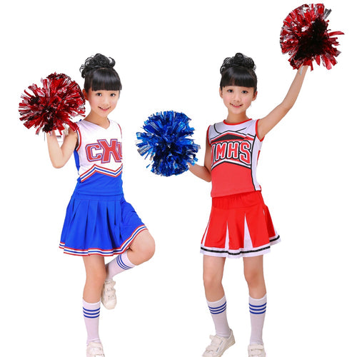 Girls Red & Blue Cheerleader Costume Cheer Outfit Uniform with Pom Poms Socks Set Fits 3-15Yrs Clothes Dress