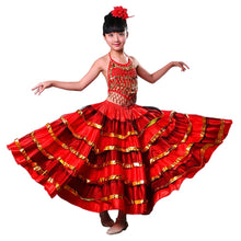 Load image into Gallery viewer, Girls Red Belly Dance Dress Spanish Flamenco Costume Ballroom Tribal Dress With Head Flower