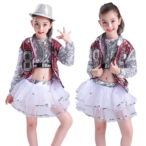 3PCs Girls Sequins Hip Hop Dance wear Jazz Glittery Outfits / Beauty Pageant Clothing Sets