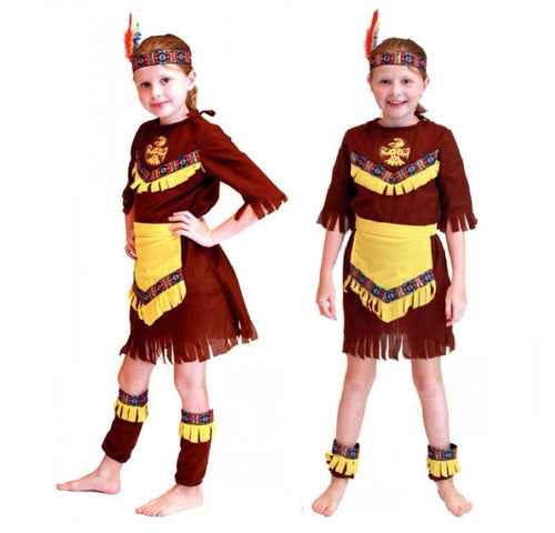 5PCs Girls Indian Princess Halloween Native American Maiden Costume Cosplay Fancy Dress Outfit 5-9 Years